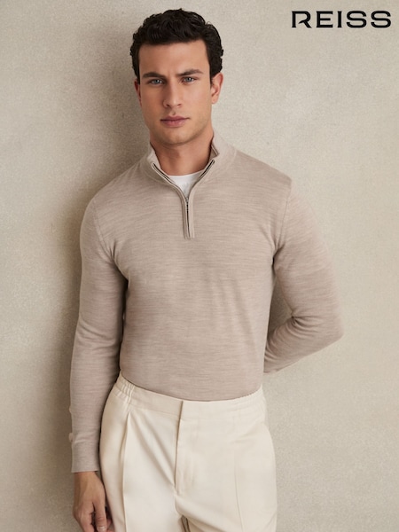 Reiss Wheat Melange Blackhall Merino Wool Half-Zip Funnel Neck Jumper (C66160) | £98