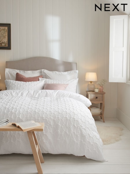 White Textured Embossed Square Pattern Bedding Duvet Cover and Pillowcase Set (C67141) | £28 - £58