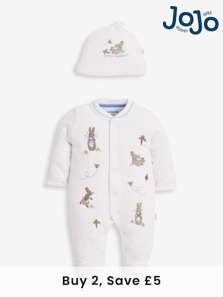 JoJo Maman Bébé White Peter Rabbit Cotton Embroidered Baby Sleepsuit & Hat Set (C67414) | £26