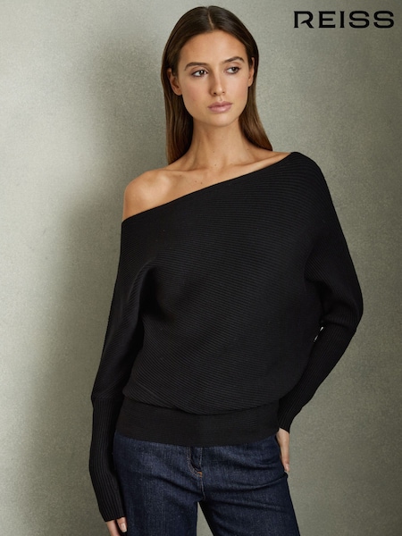 Reiss Black Lorna Asymmetric Drape Knitted Top (C67880) | £110