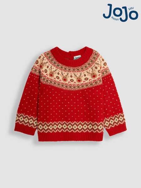 JoJo Maman Bébé Red Knitted Christmas Reindeer Fairisle Pattern Jumper (C68999) | £17