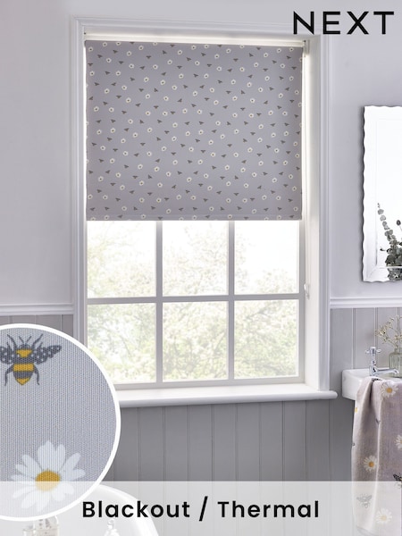 Grey Ready Made Blackout Bathroom Roller Blind Bee Print (C70178) | £24 - £54