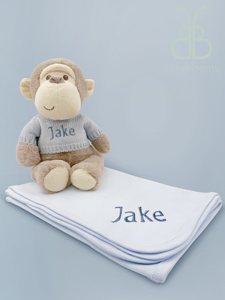 Babyblooms Blue Personalised Monkey Soft Toy with Snuggle Wrap Gift Set (C71031) | £56