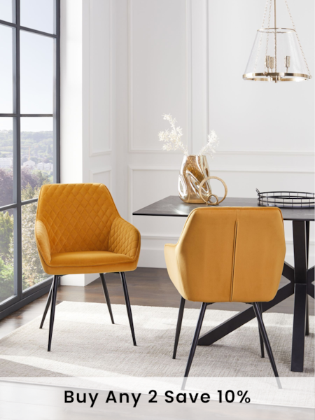Set of 2 Soft Velvet Ochre Yellow Hamilton Black Leg Quilted Dining Chairs (C71595) | £310