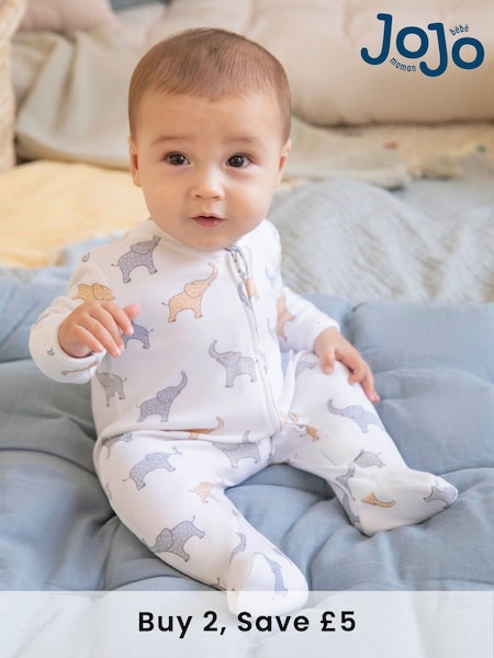 JoJo Maman Bébé White Elephant Print Zip Cotton Baby Sleepsuit (C72709) | £20