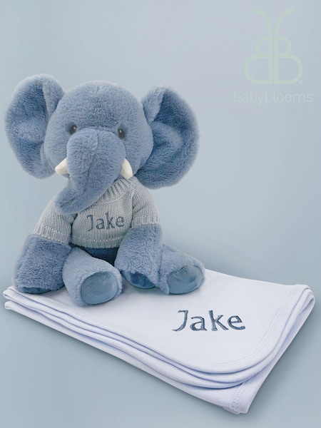 Babyblooms Blue Personalised Elephant Soft Toy with Snuggle Wrap Gift Set (C72998) | £56