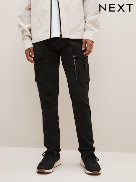 Black Slim Fit Zip Detail Stretch Cargo Trousers (C80394) | £45