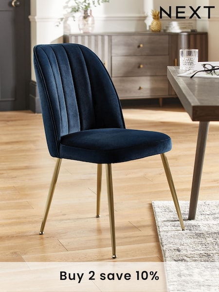 Set of 2 Soft Velvet Navy Blue Stella Gold Effect Leg Dining Chairs (C81290) | £260