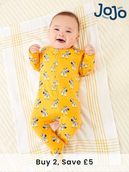 JoJo Maman Bébé Yellow Zebra Print Zip Cotton Baby Sleepsuit (C81786) | £20