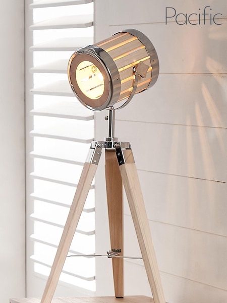 Pacific Natural Wood And Silver Tripod Table Lamp (C82171) | £90