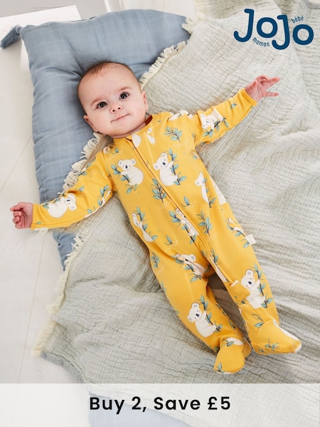 JoJo Maman Bébé Yellow Koala Print Zip Cotton Baby Sleepsuit (C82309) | £20