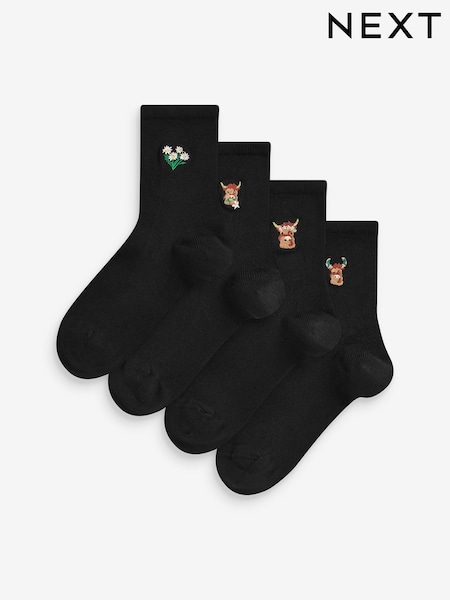 Hamish The Highland Cow Embroidered Motif Ankle Socks 4 Pack (C83582) | £12