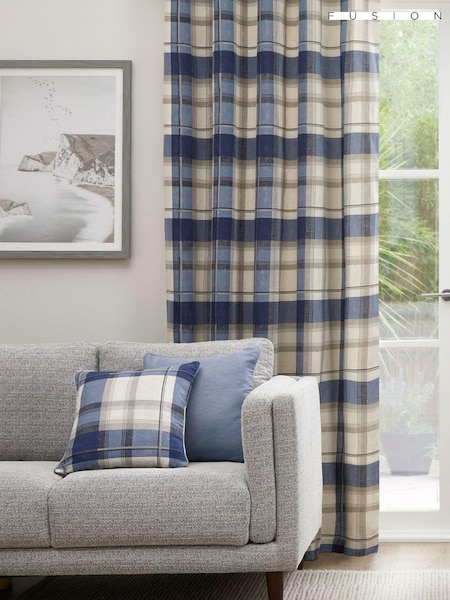 Fusion Blue Balmoral Check 100% Cotton Eyelet Curtains (C84674) | £22 - £65