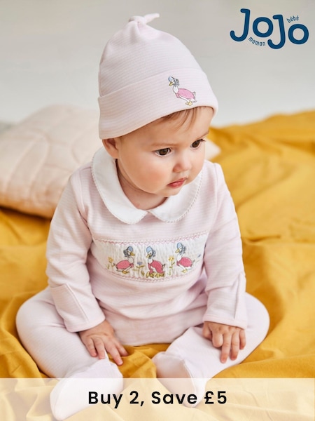 JoJo Maman Bébé Pink Jemima Puddle-Duck Smocked Sleepsuit & Hat Set (C85172) | £26