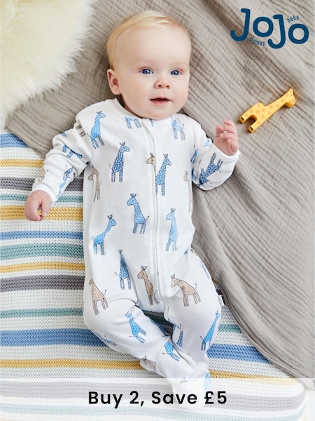 JoJo Maman Bébé White Giraffe Print Zip Cotton Baby Sleepsuit (C86596) | £20