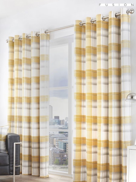 Fusion Yellow Balmoral Check 100% Cotton Eyelet Curtains (C87619) | £22 - £65