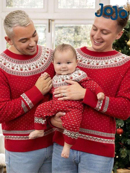 JoJo Maman Bébé Red Reindeer Fairisle Pattern Knitted Baby All-In-One (C88038) | £21