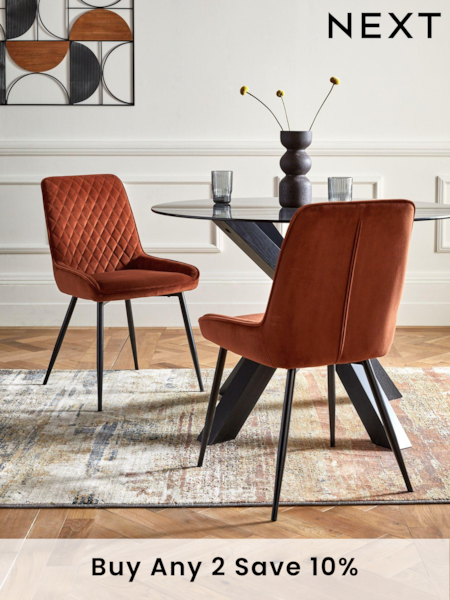 Set of 2 Soft Velvet Rust Brown Hamilton Black Leg Quilted Dining Chairs (C89340) | £260