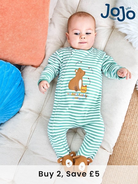 JoJo Maman Bébé Green Bear Appliqué Zip Cotton Baby Sleepsuit (C93411) | £21