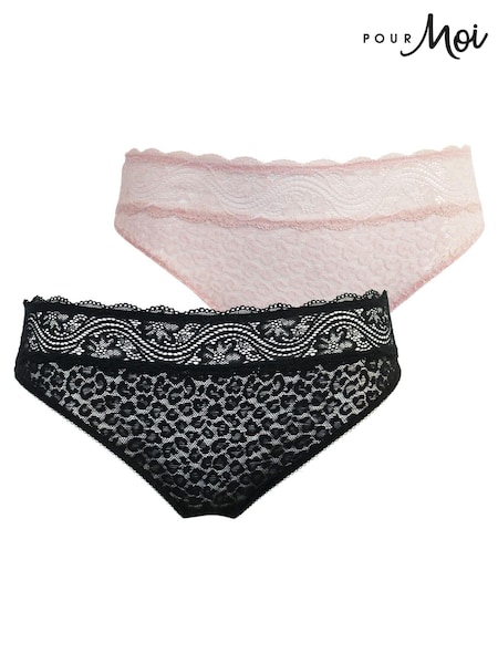 Pour Moi Black Leopard Lace Midi Knickers 2 Pack (C93447) | £15