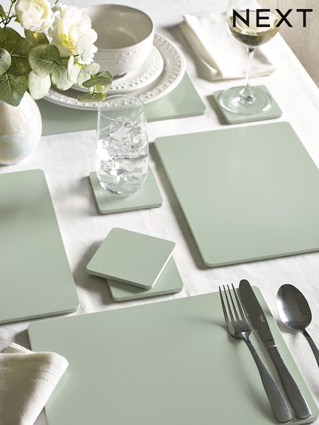 Set of 4 Sage Green Wooden Placemats and Coasters (C93673) | £20