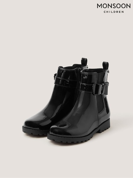 Black - Monsoon Bow Patent Chelsea Boot School Shoes