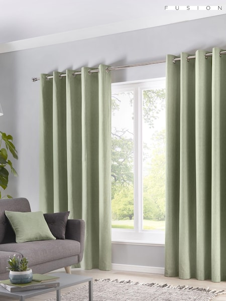 Fusion Green Sorbonne 100% Cotton Pair of Eyelet Room Darkening Curtains (C95049) | £22 - £65