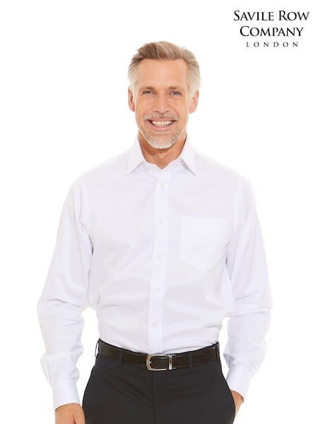 Savile Row Company Herringbone Non Iron Double Cuff 100% Cotton White Shirt (C98181) | £60