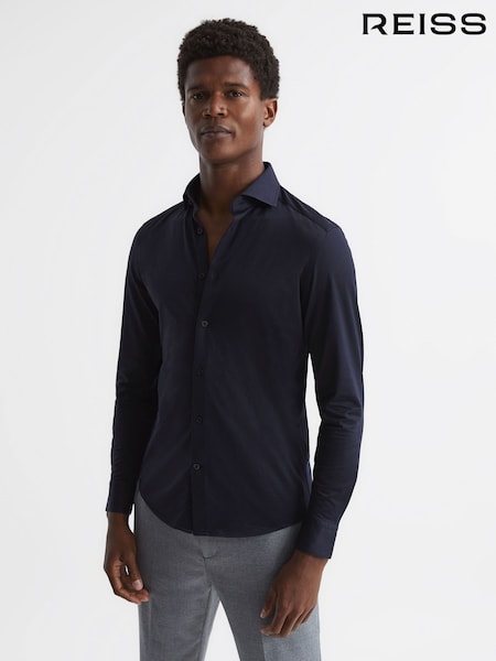 Reiss Navy Nate Cotton-Blend Jersey Cutaway-Collar Shirt (C99735) | £98