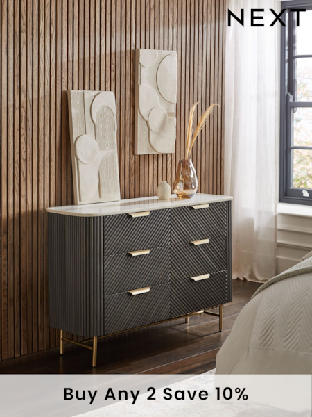 Dark Grey Valencia Marble and Mango Wood 6 Drawer Chest of Drawers (C99810) | £899