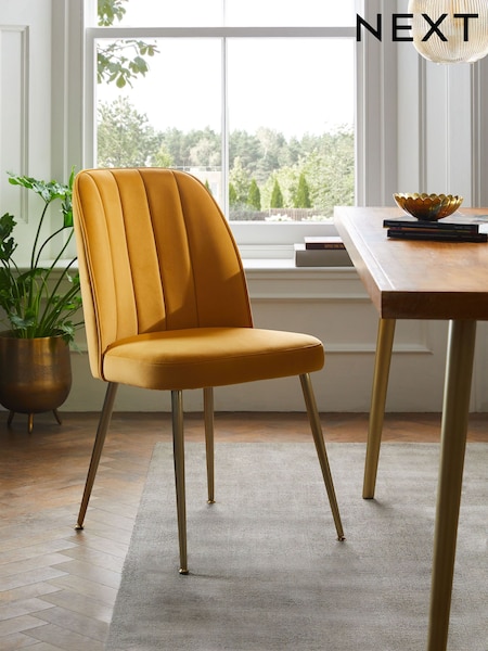 Set of 2 Soft Velvet Ochre Yellow Stella Gold Effect Leg Dining Chairs (D01333) | £260
