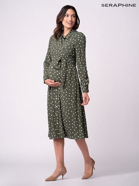 Seraphine Green Maternity And Nursing Midi Wrap Shirt Dress With Slits (D09073) | £75
