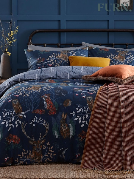 furn. Blue Forest Fauna Printed Woodland Reversible Duvet Cover And Pillowcase Set (D11287) | £16 - £32