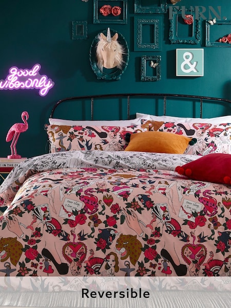 furn. Pink Inked Tattoo Inspired Reversible Duvet Cover and Pillowcase Set (D14028) | £16 - £32