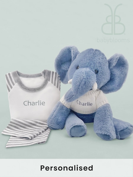 Babyblooms Blue Personalised Elephant Soft Toy with Grey Stripe Pyjamas (D16331) | £54