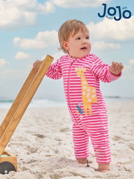 JoJo Maman Bébé Pink Giraffe Towelling All-In-One (D18304) | £24