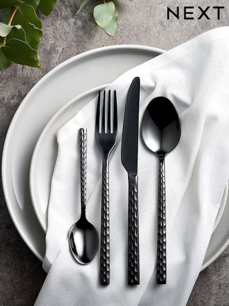 16 Piece Black Hammered Stainless Steel Cutlery Set (D24478) | £40