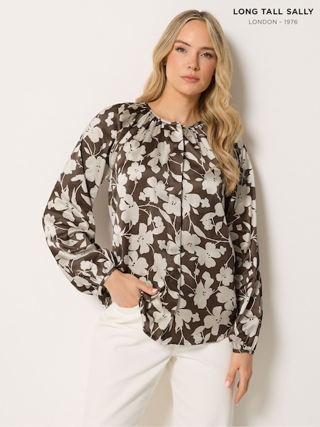 Natural - Long Tall Sally Floral Printed Satin Top
