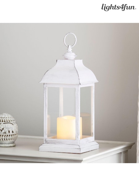 Lights4fun White Distressed Indoor Battery LED Outdoor Candle Lantern (D29597) | £22