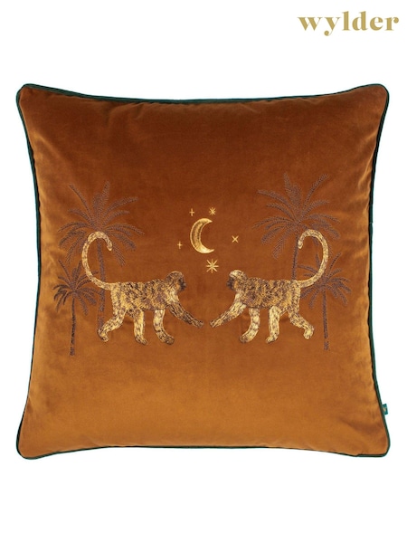 Wylder Orange Dusk Monkey Embroidered Piped Velvet Cushion (D33076) | £20
