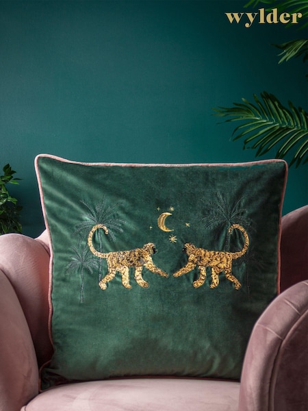Wylder Green Dusk Monkey Embroidered Piped Velvet Cushion (D33078) | £22