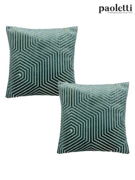 Riva Paoletti 2 Pack Teal Blue Evoke Geometric Cut Velvet Cushions (D33221) | £26