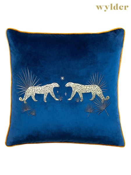 Wylder Blue Dusk Leopard Embroidered Piped Velvet Cushion (D33225) | £22