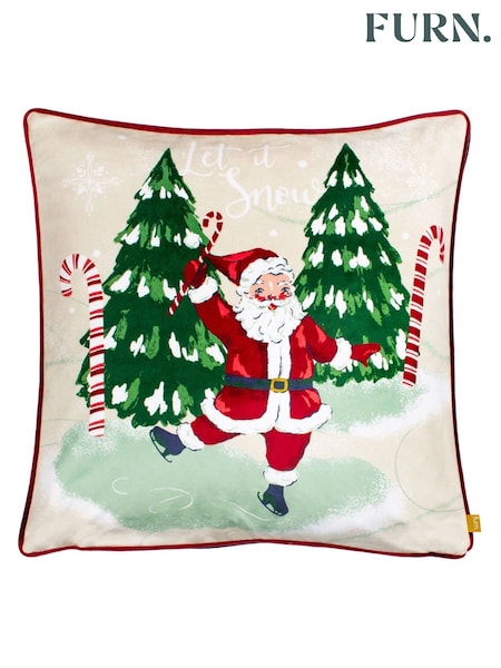 furn. Natural Jolly Santa Let It Snow Printed Piped Velvet Cushion (D33698) | £20