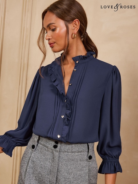 Navy Blue - Love & Roses Ruffle 3/4 Sleeve Blouse
