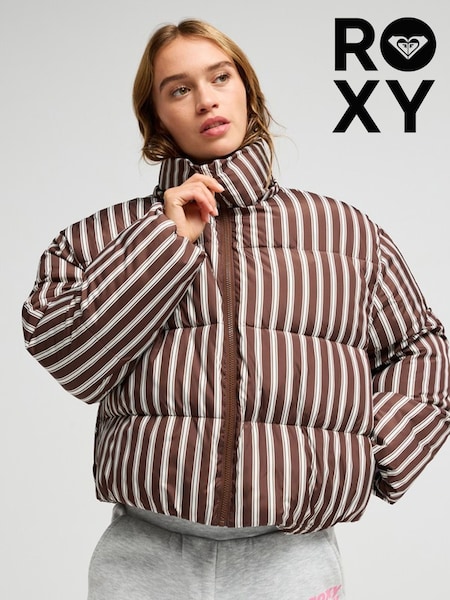 Brown Stripe - Roxy Diamond Forest Hooded Puffer Jacket