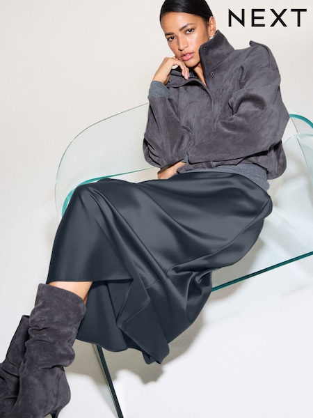 Dark Grey - Satin Midi Skirt
