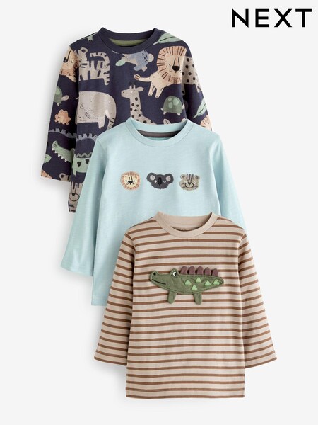 Charcoal Grey Safari Animals Long Sleeve Character T-Shirts 3 Pack (3mths-7yrs) (D37366) | £8 - £10