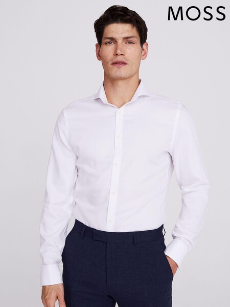 MOSS White Slim Fit Double Cuff Oxford Non Iron 100% Cotton Shirt (D40377) | £50