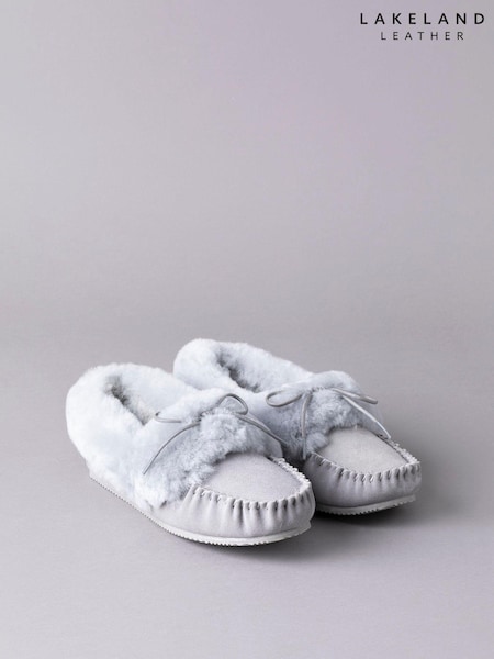 Lakeland Leather Light Grey Ladies Sheepskin Moccasin Slippers (D40678) | £70